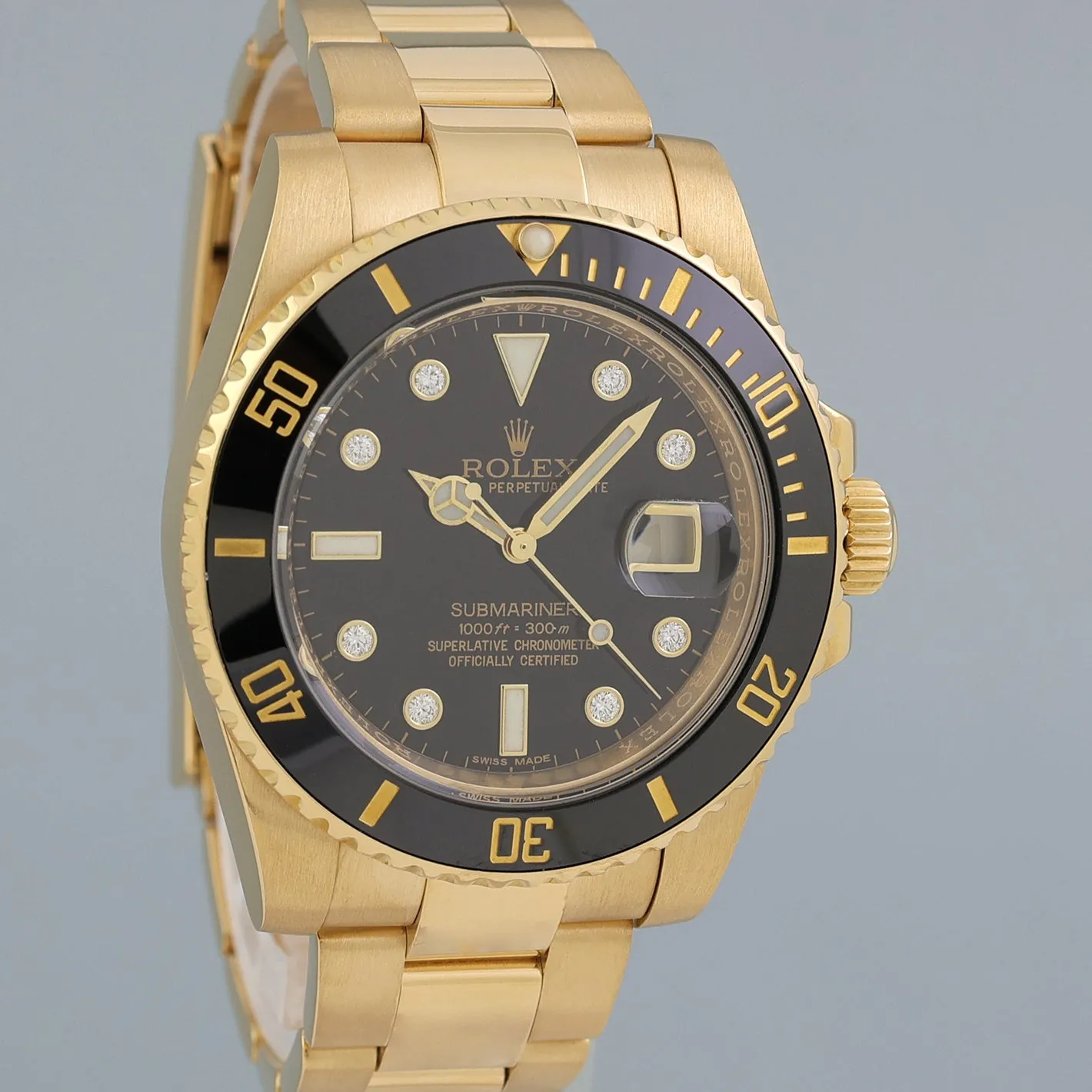 MINT Rolex Submariner Black Diamond Serti Dial Ceramic 116618LN Yellow Gold Watch