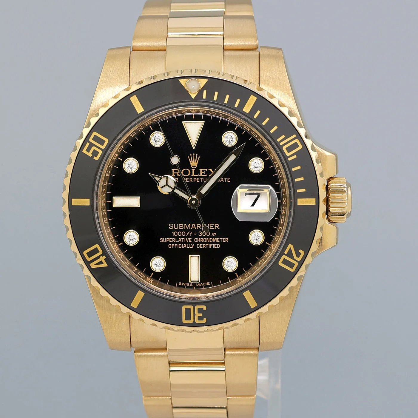 MINT Rolex Submariner Black Diamond Serti Dial Ceramic 116618LN Yellow Gold Watch