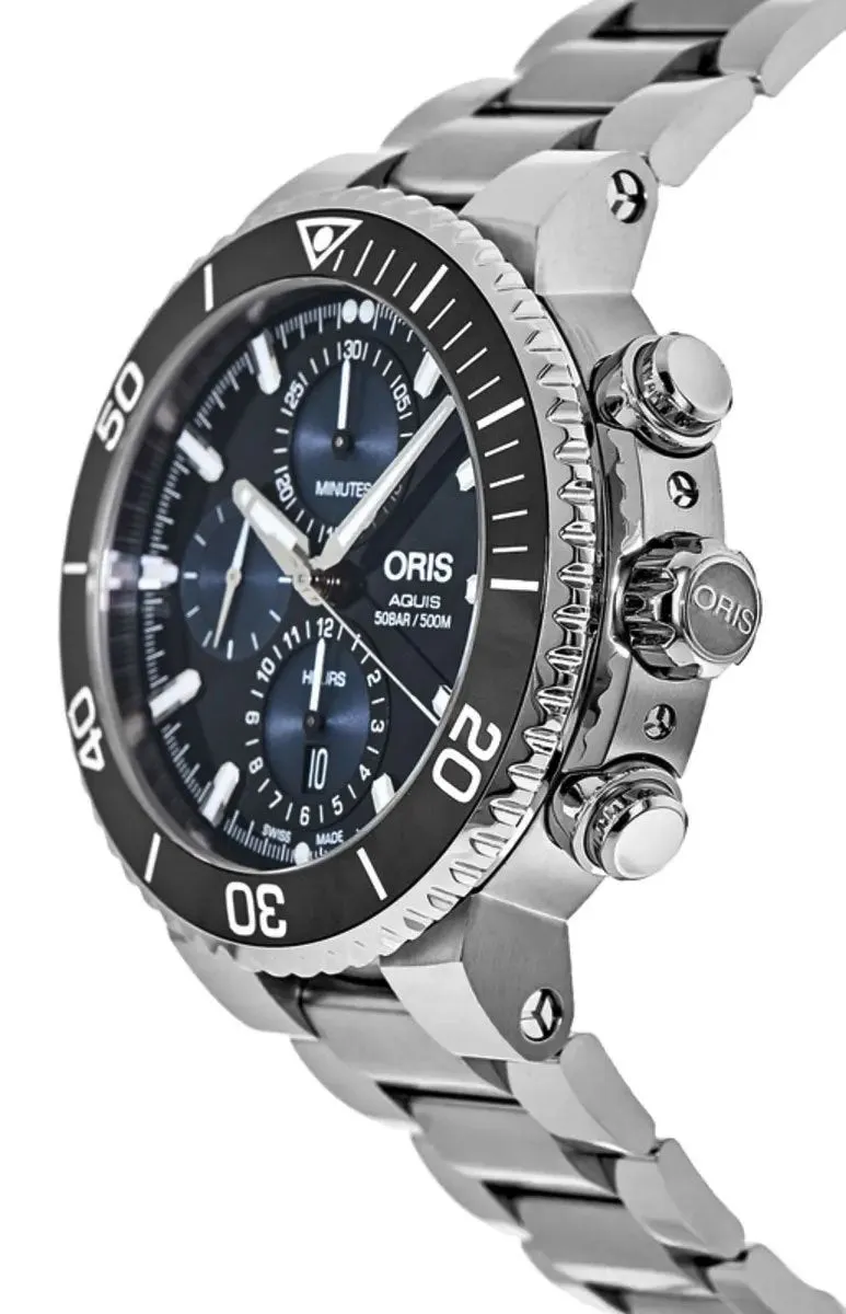 Oris Aquis Automatic Chronograph Stainless Steel Blue Dial Date Divers Mens Watch 774 7743 4155-MB
